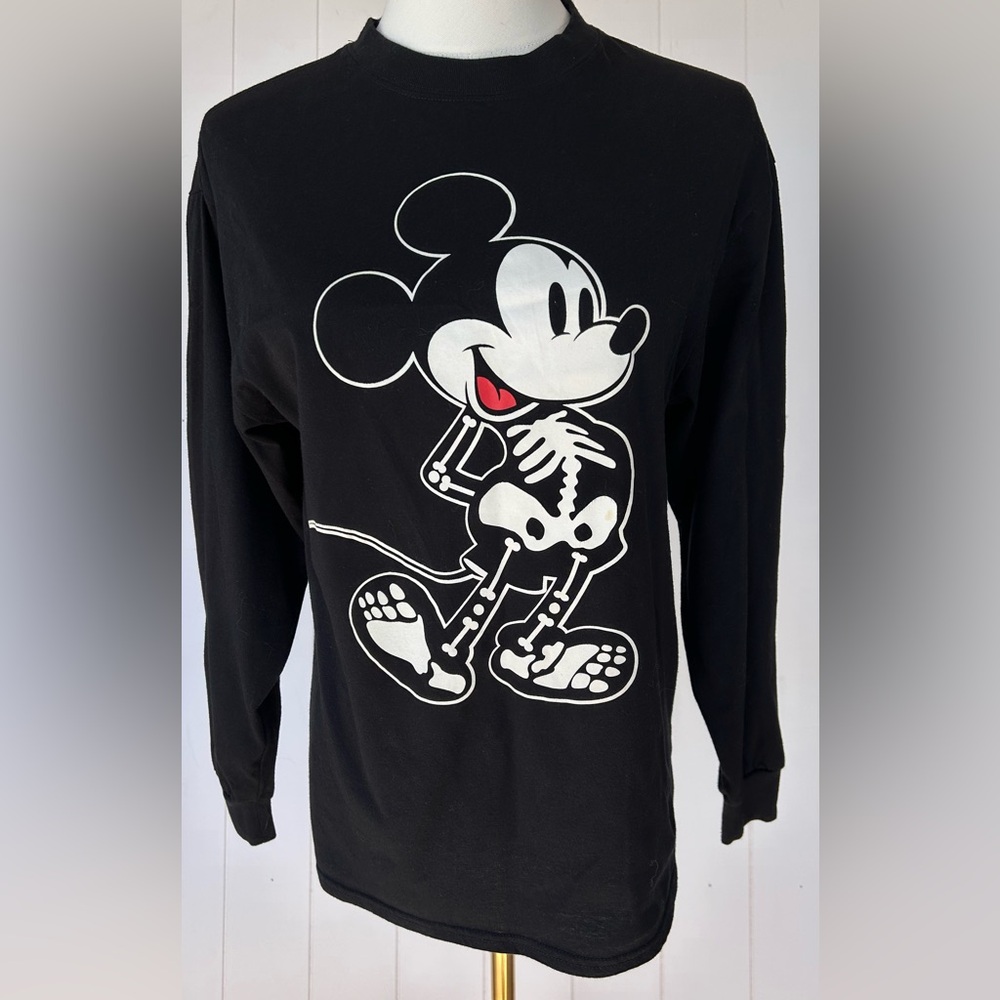 Disney Unisex Mickey Mouse‎ Skeleton Long Sleeved Tee Shirt Black Size XS